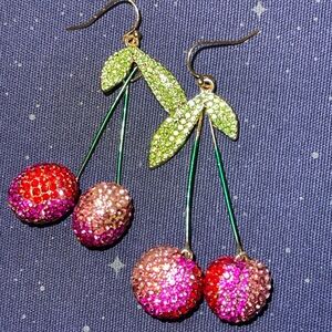 Sparkling Cherry Drop Earrings - Pink & Red Crystal Fruit Design
